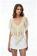 Riga Cream Lace Ruffled Cape Top - Aura Muse