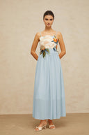 Roseline floral-embroidered shirred maxi dress in Blue - Aura Muse