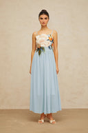 Roseline floral-embroidered shirred maxi dress in Blue - Aura Muse
