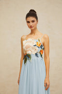Roseline floral-embroidered shirred maxi dress in Blue - Aura Muse