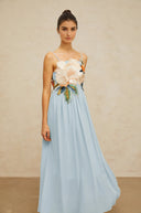 Roseline floral-embroidered shirred maxi dress in Blue - Aura Muse