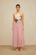 Roseline floral-embroidered shirred maxi dress in Pink - Aura Muse
