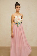 Roseline floral-embroidered shirred maxi dress in Pink - Aura Muse