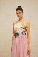 Roseline floral-embroidered shirred maxi dress in Pink - Aura Muse