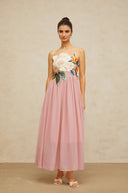 Roseline floral-embroidered shirred maxi dress in Pink - Aura Muse