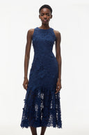 Saga Blue Midi Dress with 3D Florals - Aura Muse