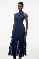 Saga Blue Midi Dress with 3D Florals - Aura Muse