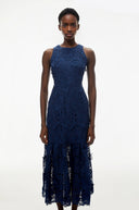 Saga Blue Midi Dress with 3D Florals - Aura Muse