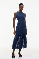 Saga Blue Midi Dress with 3D Florals - Aura Muse