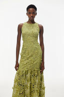 Saga Olive Green Midi Dress with 3D Florals - Aura Muse