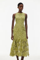 Saga Olive Green Midi Dress with 3D Florals - Aura Muse