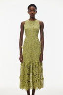Saga Olive Green Midi Dress with 3D Florals - Aura Muse