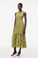Saga Olive Green Midi Dress with 3D Florals - Aura Muse