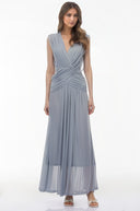 Sandra Slate Blue V - Neck Cross Front Ruched Maxi Dress - Aura Muse