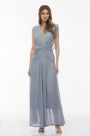 Sandra Slate Blue V - Neck Cross Front Ruched Maxi Dress - Aura Muse