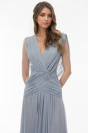 Sandra Slate Blue V - Neck Cross Front Ruched Maxi Dress - Aura Muse