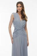 Sandra Slate Blue V - Neck Cross Front Ruched Maxi Dress - Aura Muse