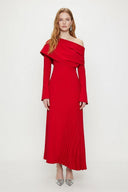 Scarlett Red Off - Shoulder Pleated Maxi Dress with Side Slit - Aura Muse