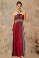 Serafina Red Metallic Knit Halterneck Maxi Dress - Aura Muse