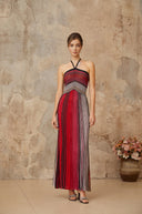 Serafina Red Metallic Knit Halterneck Maxi Dress - Aura Muse