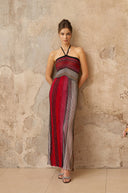 Serafina Red Metallic Knit Halterneck Maxi Dress - Aura Muse