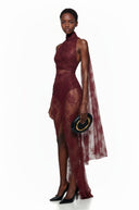Seraphina Burgundy High Neck Lace Maxi Dress - Aura Muse