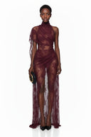 Seraphina Burgundy High Neck Lace Maxi Dress - Aura Muse