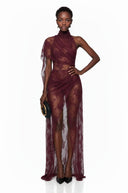 Seraphina Burgundy High Neck Lace Maxi Dress - Aura Muse
