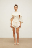 Seraphina Cream Satin Layered Mini Dress with Shawl Detail - Aura Muse