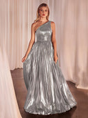 Seraphina Gold One - Shoulder Pleated Metallic Maxi Gown - Aura Muse