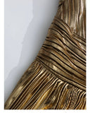 Seraphina Gold One - Shoulder Pleated Metallic Maxi Gown - Aura Muse