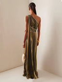 Seraphina Gold One - Shoulder Pleated Metallic Maxi Gown - Aura Muse