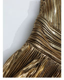 Seraphina Gold One - Shoulder Pleated Metallic Maxi Gown - Aura Muse