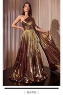 Seraphina Gold One - Shoulder Pleated Metallic Maxi Gown - Aura Muse