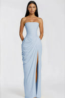 Seraphine Blue Ruched Maxi Dress with Cross Front - Aura Muse