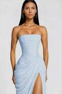 Seraphine Blue Ruched Maxi Dress with Cross Front - Aura Muse