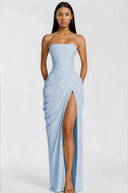 Seraphine Blue Ruched Maxi Dress with Cross Front - Aura Muse