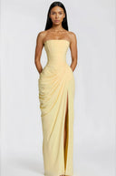 Seraphine Yellow Ruched Maxi Dress with Cross Front - Aura Muse