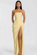 Seraphine Yellow Ruched Maxi Dress with Cross Front - Aura Muse