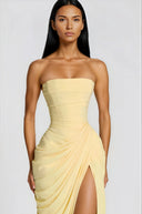 Seraphine Yellow Ruched Maxi Dress with Cross Front - Aura Muse