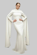 Serena White Pearl Embellished Cape Sleeve Maxi Gown - Aura Muse