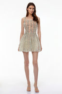 Sheleen Green Ruched Mini Dress with Mesh Panels - Aura Muse