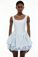 Shetland Dusty Blue Square Neck Tiered Mini Dress - Aura Muse