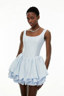 Shetland Dusty Blue Square Neck Tiered Mini Dress - Aura Muse