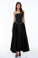 Sibylla Black Halterneck Maxi Dress with Pearl Trim - Aura Muse