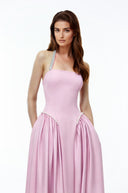 Sibylla Pink Halterneck Maxi Dress with Pearl Trim - Aura Muse
