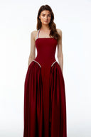 Sibylla Red Halterneck Maxi Dress with Pearl Trim - Aura Muse