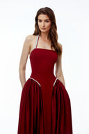Sibylla Red Halterneck Maxi Dress with Pearl Trim - Aura Muse