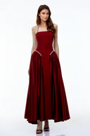 Sibylla Red Halterneck Maxi Dress with Pearl Trim - Aura Muse