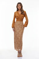 Sidony Brown Plunge Neck Lace Maxi Dress - Aura Muse